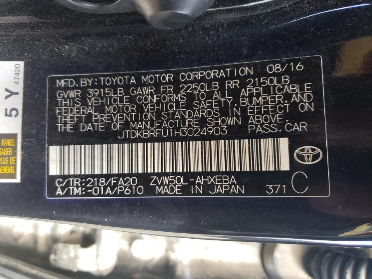 Photo 10 from auction – 2017 TOYOTA PRIUS with VIN JTDKBRFU1H3024903