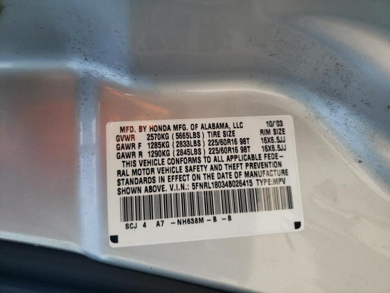 Photo 10 from auction – 2004 HONDA ODYSSEY EX with VIN 5FNRL18034B026415