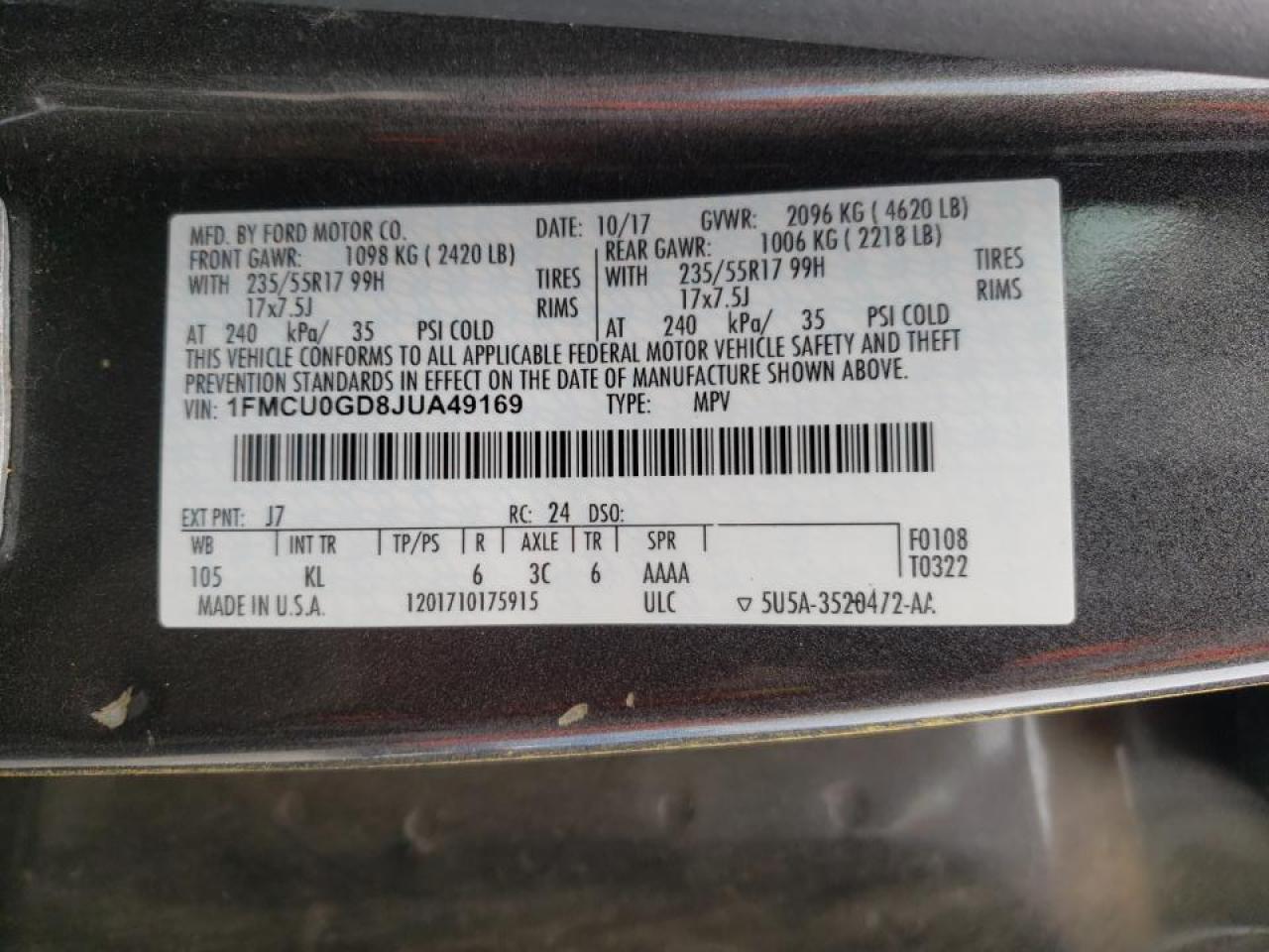 Photo 10 from auction – 2018 FORD ESCAPE SE with VIN 1FMCU0GD8JUA49169