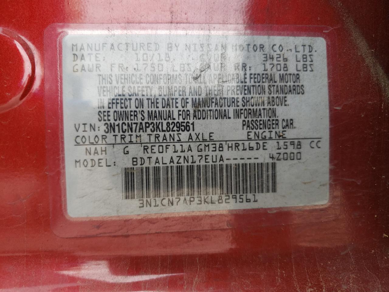 Photo 10 from auction – 2019 NISSAN VERSA S with VIN 3N1CN7AP3KL829561