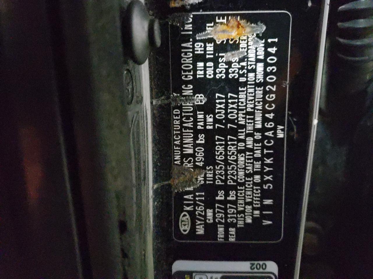 Photo 10 from auction – 2012 KIA SORENTO BA with VIN 5XYKTCA64CG203041