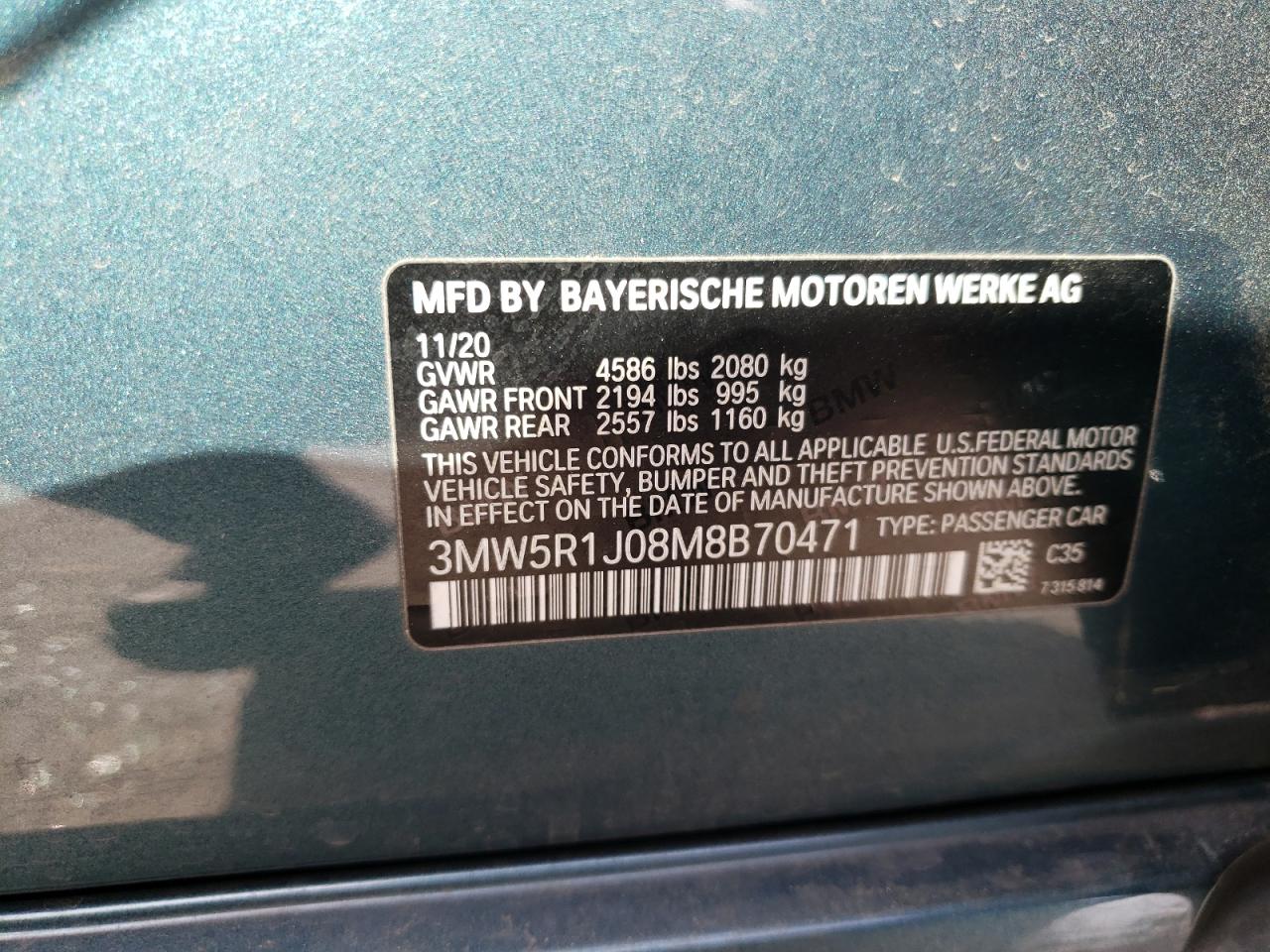 Photo 10 from auction – 2021 BMW 330I with VIN 3MW5R1J08M8B70471