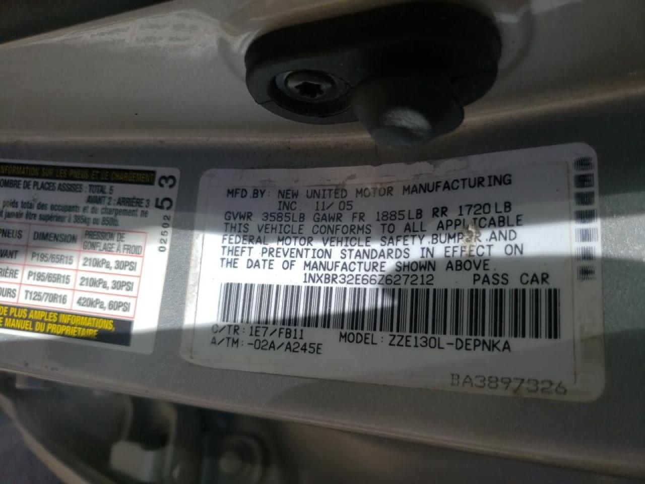 Photo 10 from auction – 2006 TOYOTA COROLLA CE with VIN 1NXBR32E66Z627212