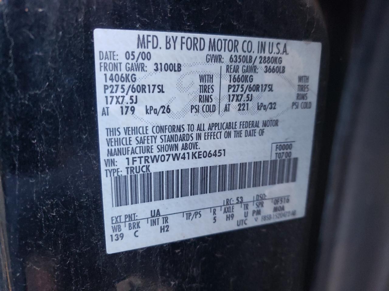 Photo 10 from auction – 2001 FORD F150 SUPER with VIN 1FTRW07W41KE06451