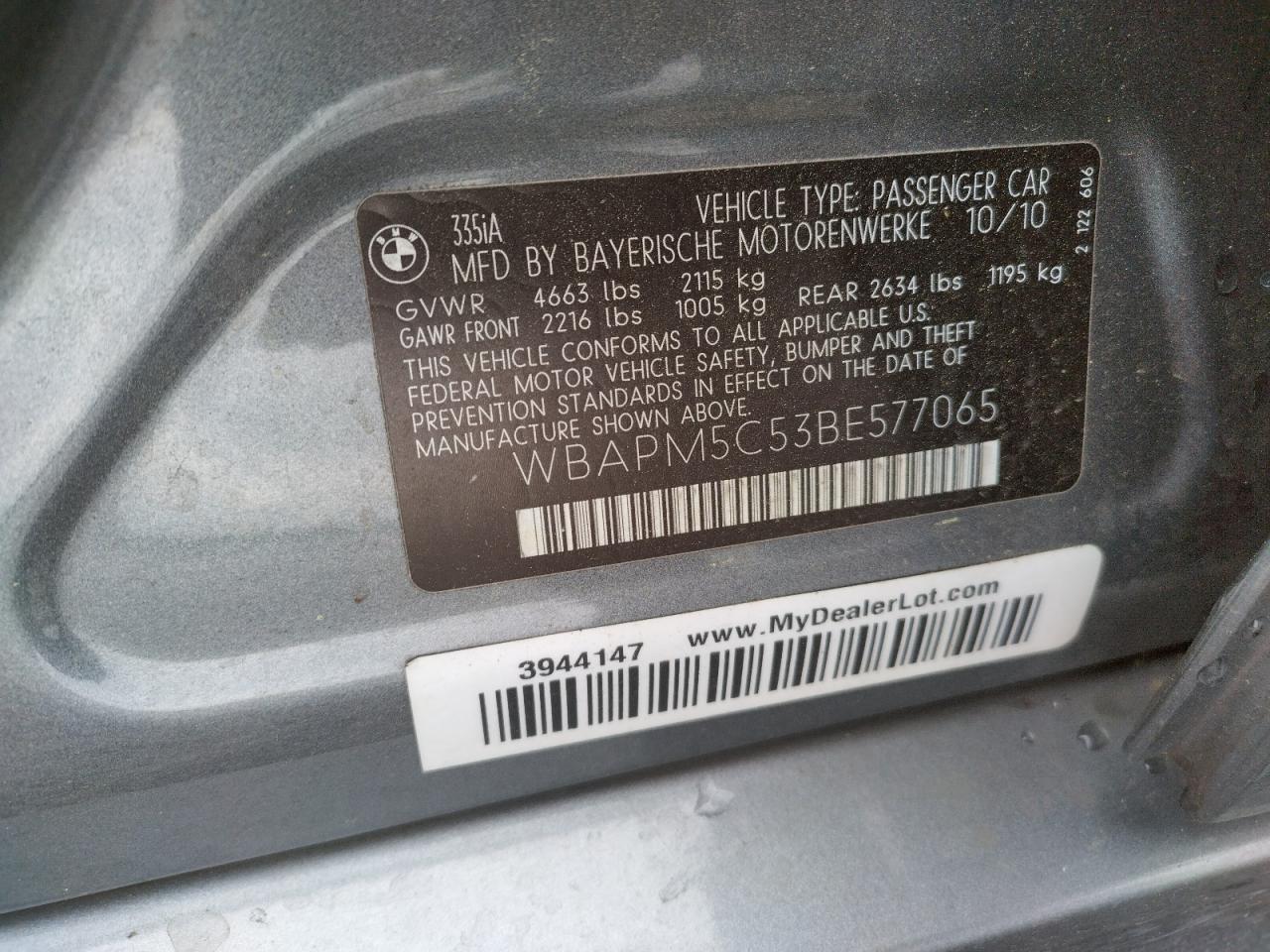 Photo 10 from auction – 2011 BMW 335 I with VIN WBAPM5C53BE577065
