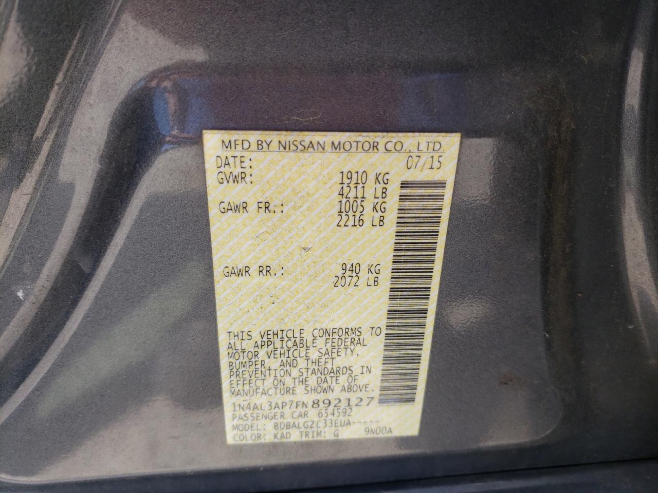 Photo 10 from auction – 2015 NISSAN ALTIMA 2.5 with VIN 1N4AL3AP7FN892127