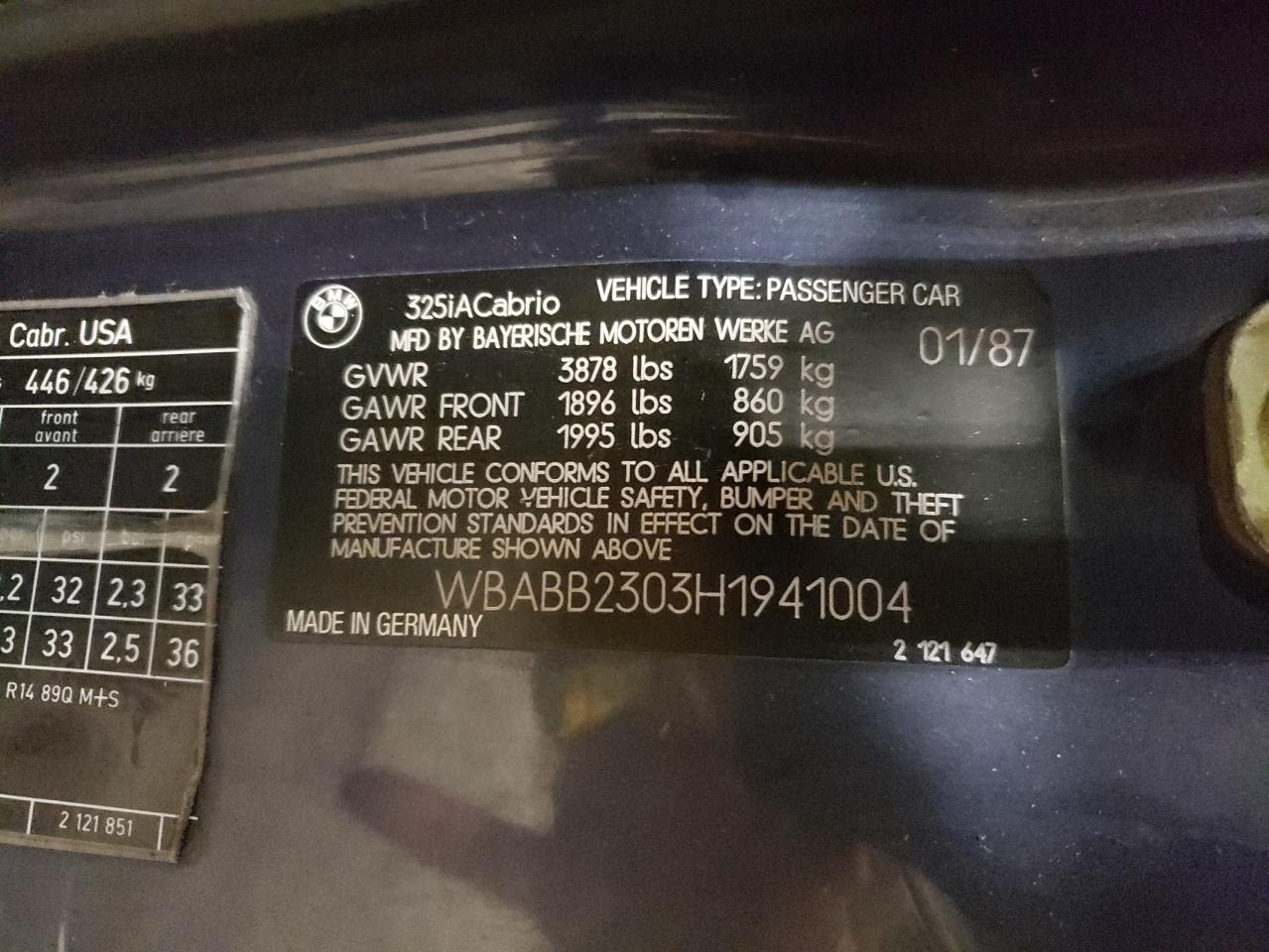 Photo 10 from auction – 1987 BMW 325 I AUTO with VIN WBABB2303H1941004