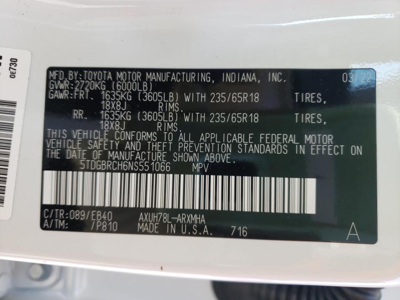 Photo 10 from auction – 2022 TOYOTA HIGHLANDER with VIN 5TDGBRCH6NS551066
