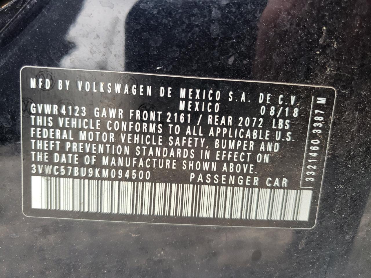 Photo 10 from auction – 2019 VOLKSWAGEN JETTA with VIN 3VWC57BU9KM094500