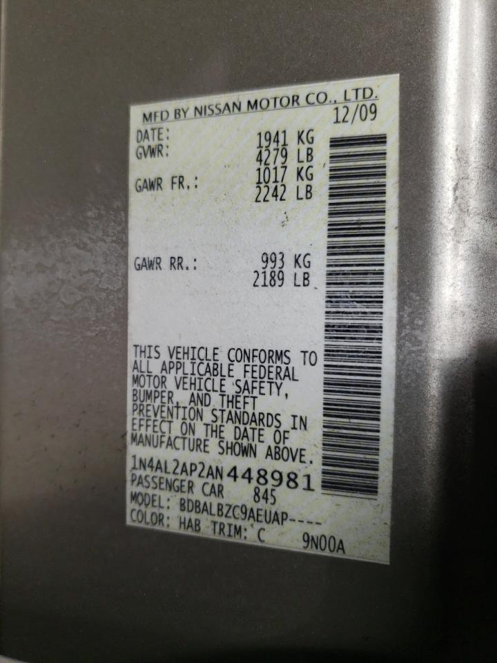 Photo 10 from auction – 2010 NISSAN ALTIMA BAS with VIN 1N4AL2AP2AN448981