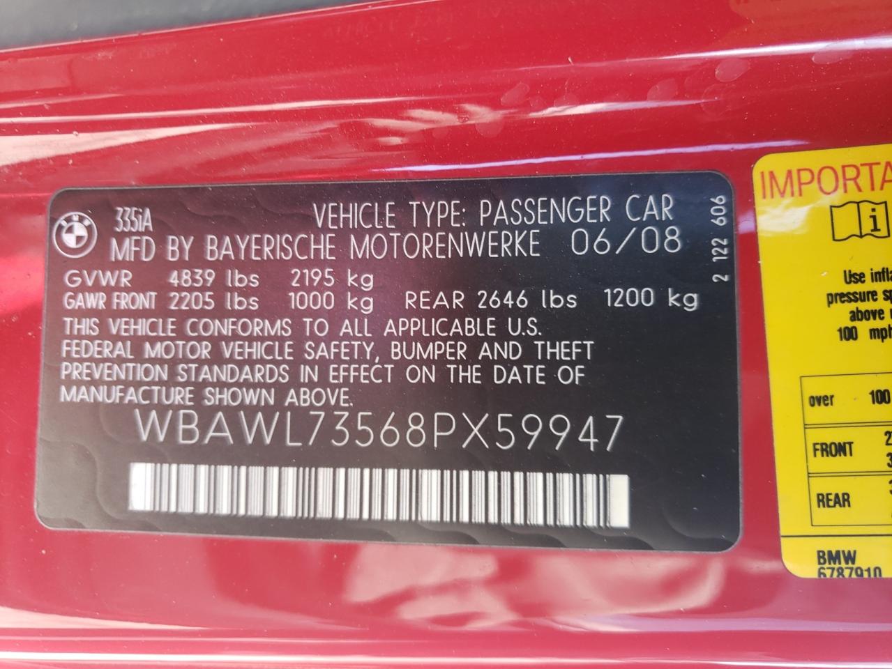 Photo 10 from auction – 2008 BMW 335 I with VIN WBAWL73568PX59947