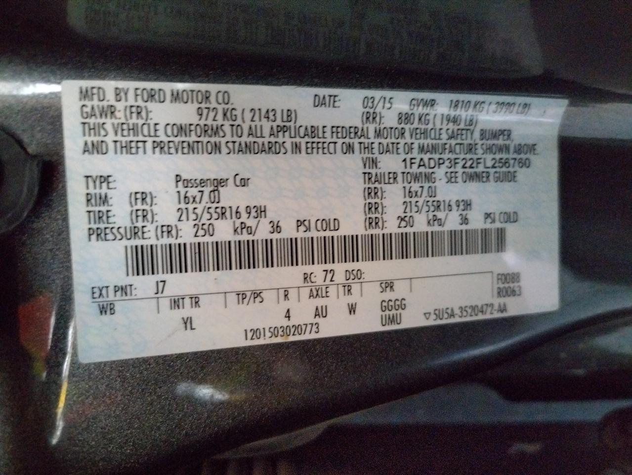 Photo 10 from auction – 2015 FORD FOCUS SE with VIN 1FADP3F22FL256760