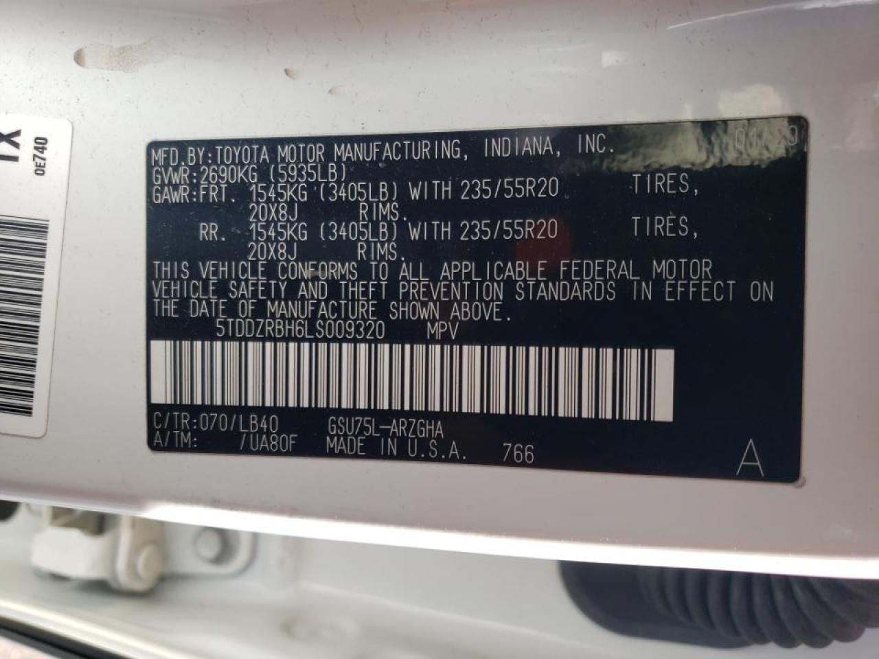 Photo 10 from auction – 2020 TOYOTA HIGHLANDER with VIN 5TDDZRBH6LS009320