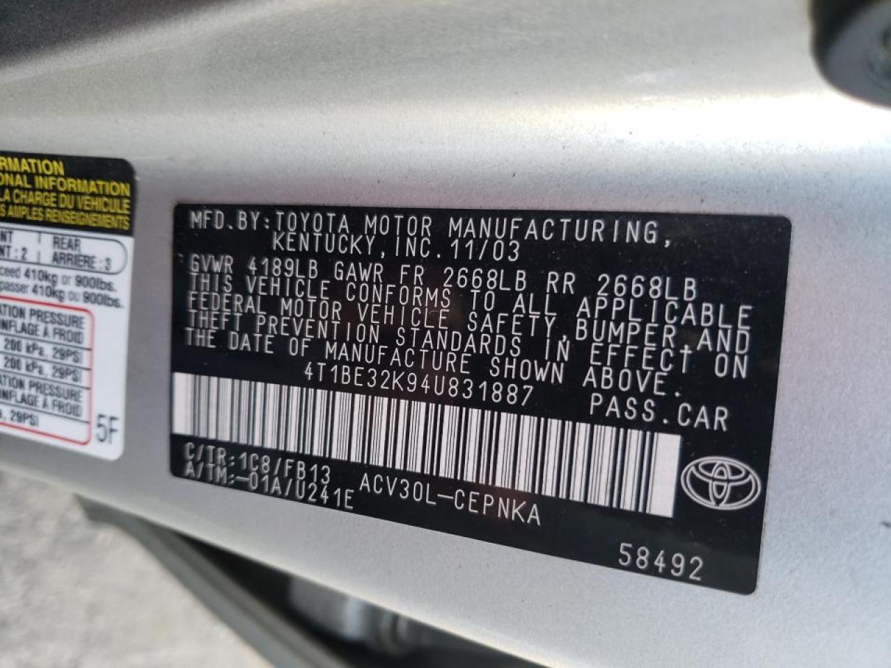 Photo 10 from auction – 2004 TOYOTA CAMRY LE with VIN 4T1BE32K94U831887