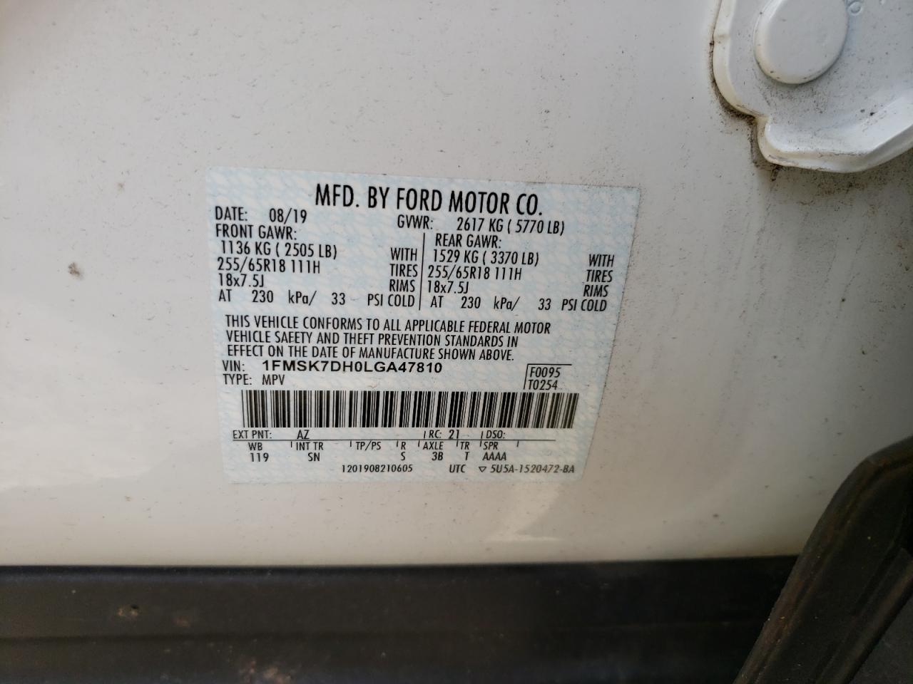Photo 10 from auction – 2020 FORD EXPLORER X with VIN 1FMSK7DH0LGA47810