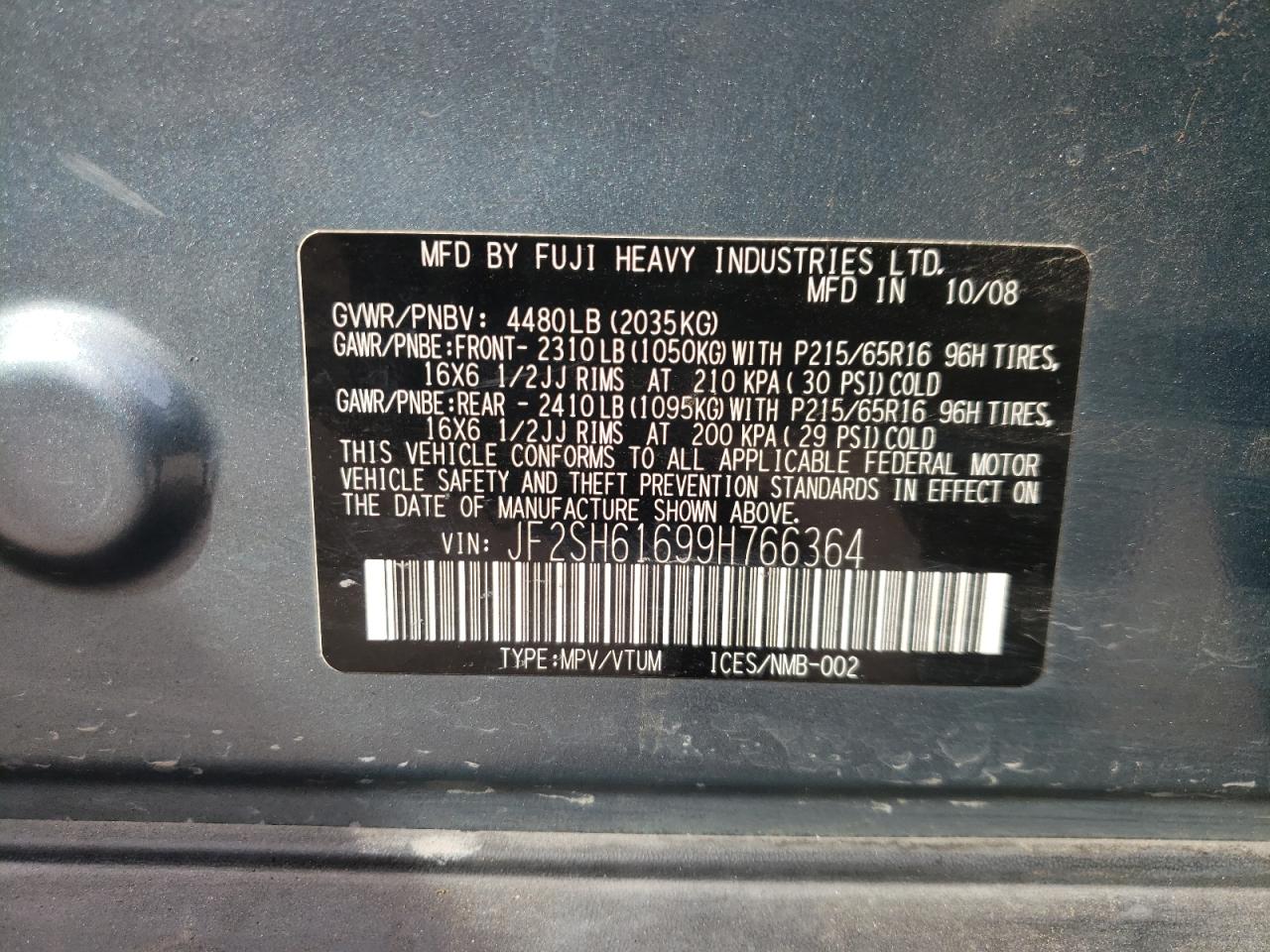 Zdjęcie 10 z aukcji – 2009 SUBARU FORESTER 2 z VIN JF2SH61699H766364