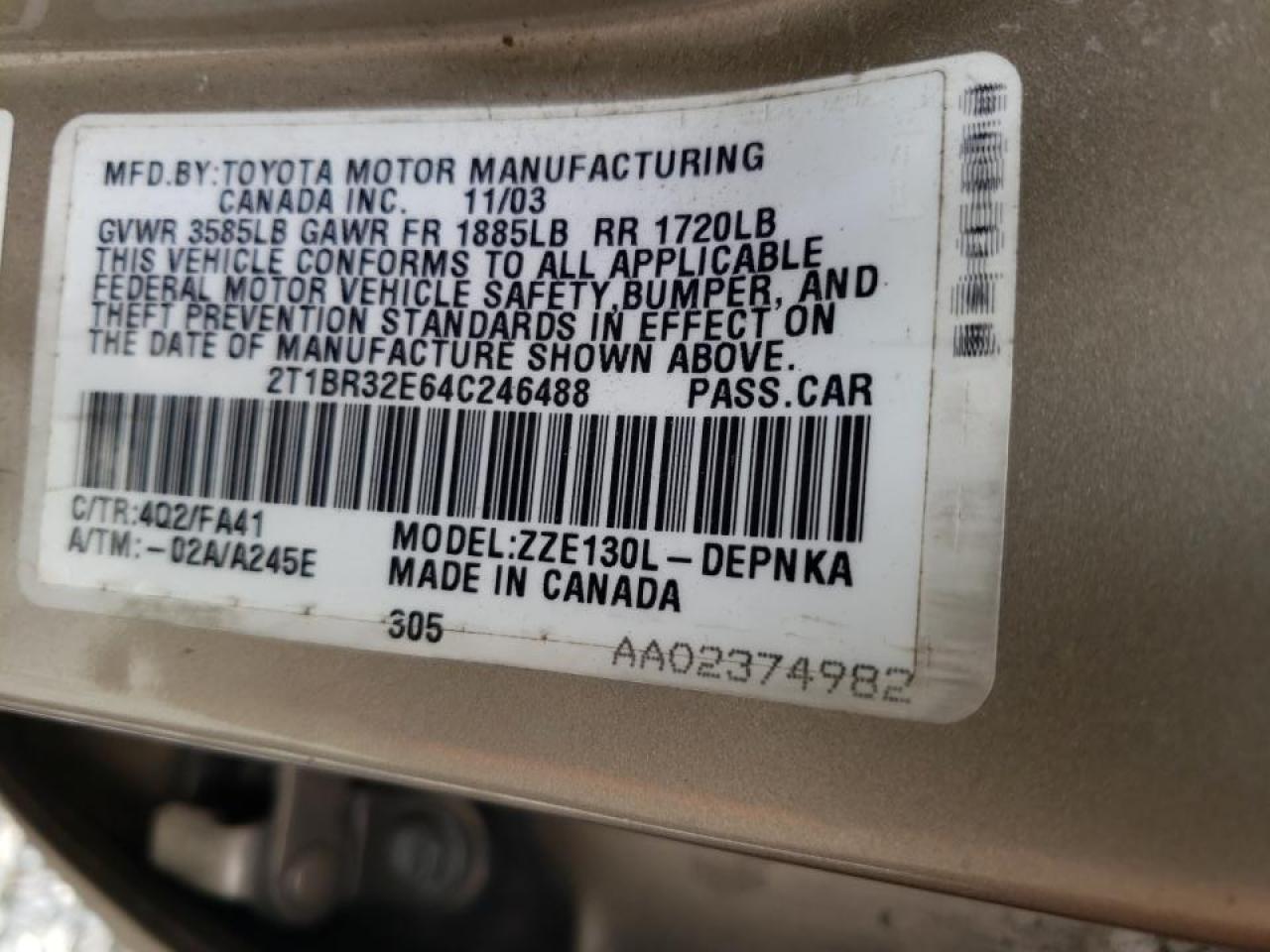 Фото 10 с аукциона – 2004 TOYOTA COROLLA CE с VIN 2T1BR32E64C246488