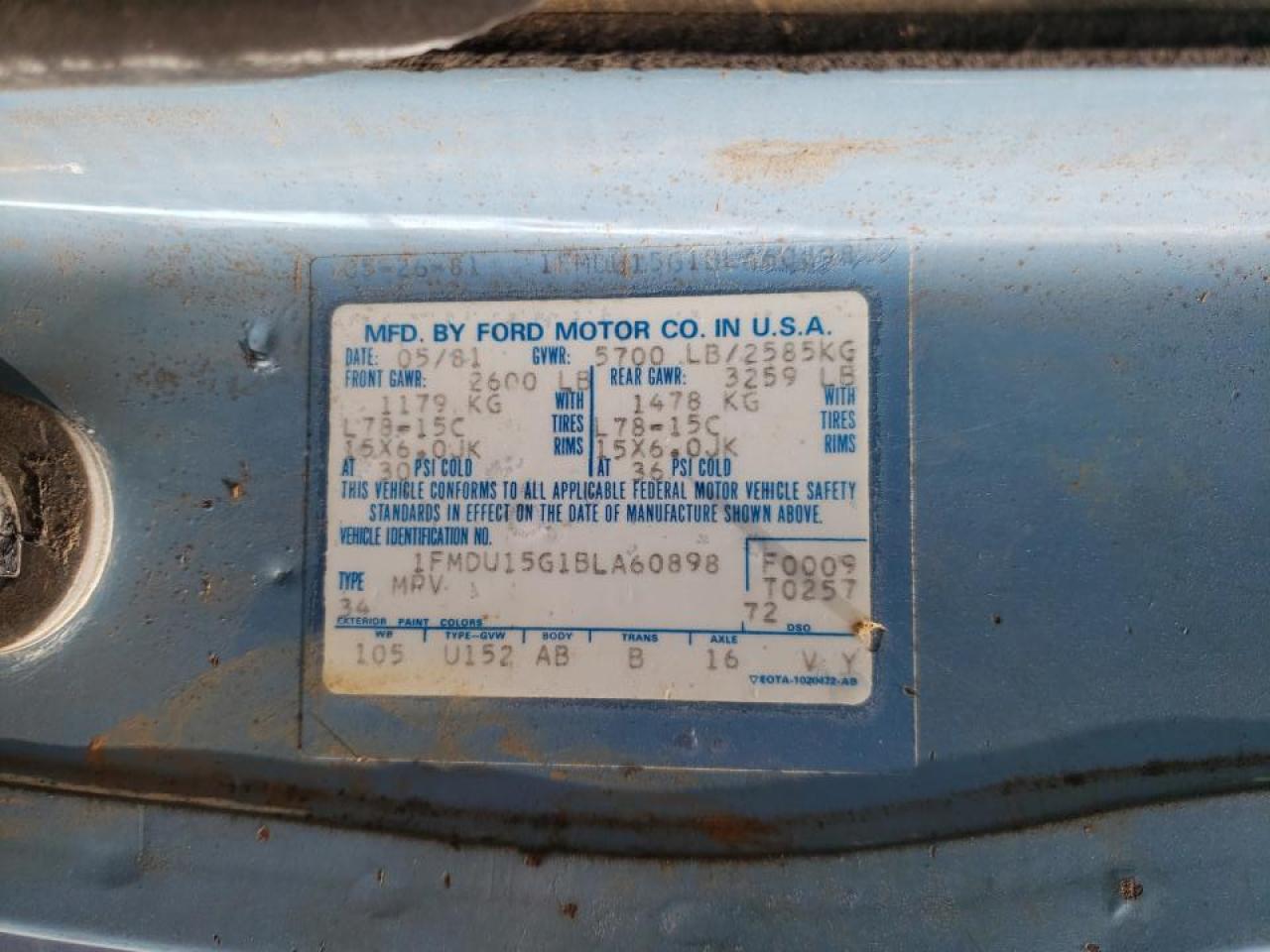 Photo 10 from auction – 1981 FORD BRONCO U10 with VIN 1FMDU15G1BLA60898