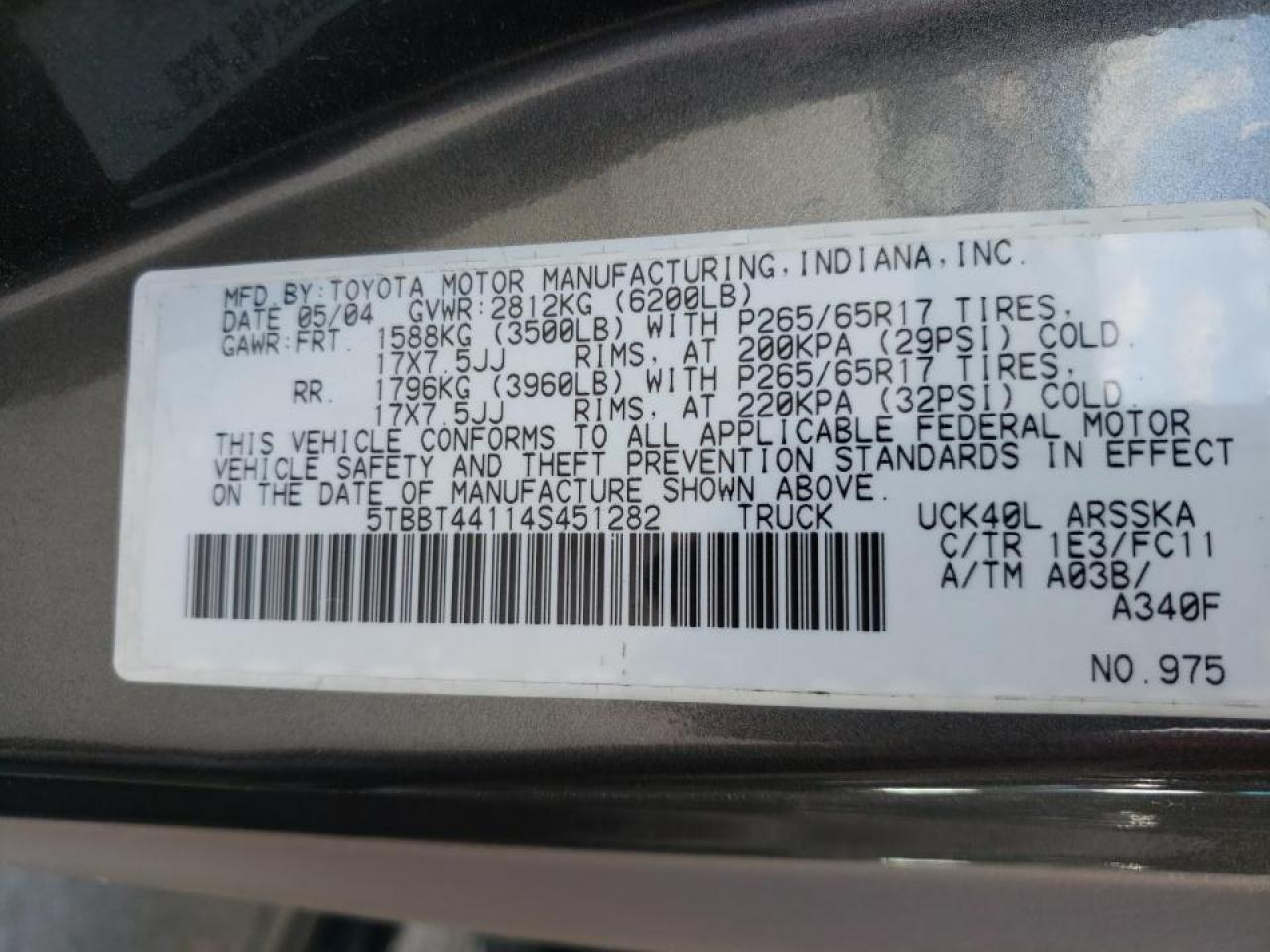 Photo 10 from auction – 2004 TOYOTA TUNDRA ACC with VIN 5TBBT44114S451282