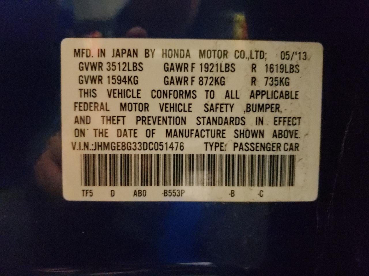 Photo 10 from auction – 2013 HONDA FIT with VIN JHMGE8G33DC051476