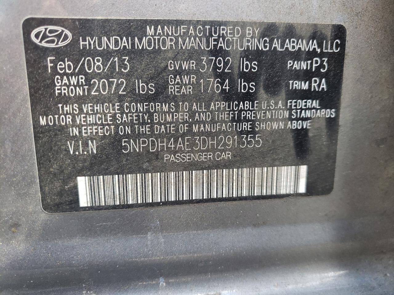 Photo 10 from auction – 2013 HYUNDAI ELANTRA GL with VIN 5NPDH4AE3DH291355