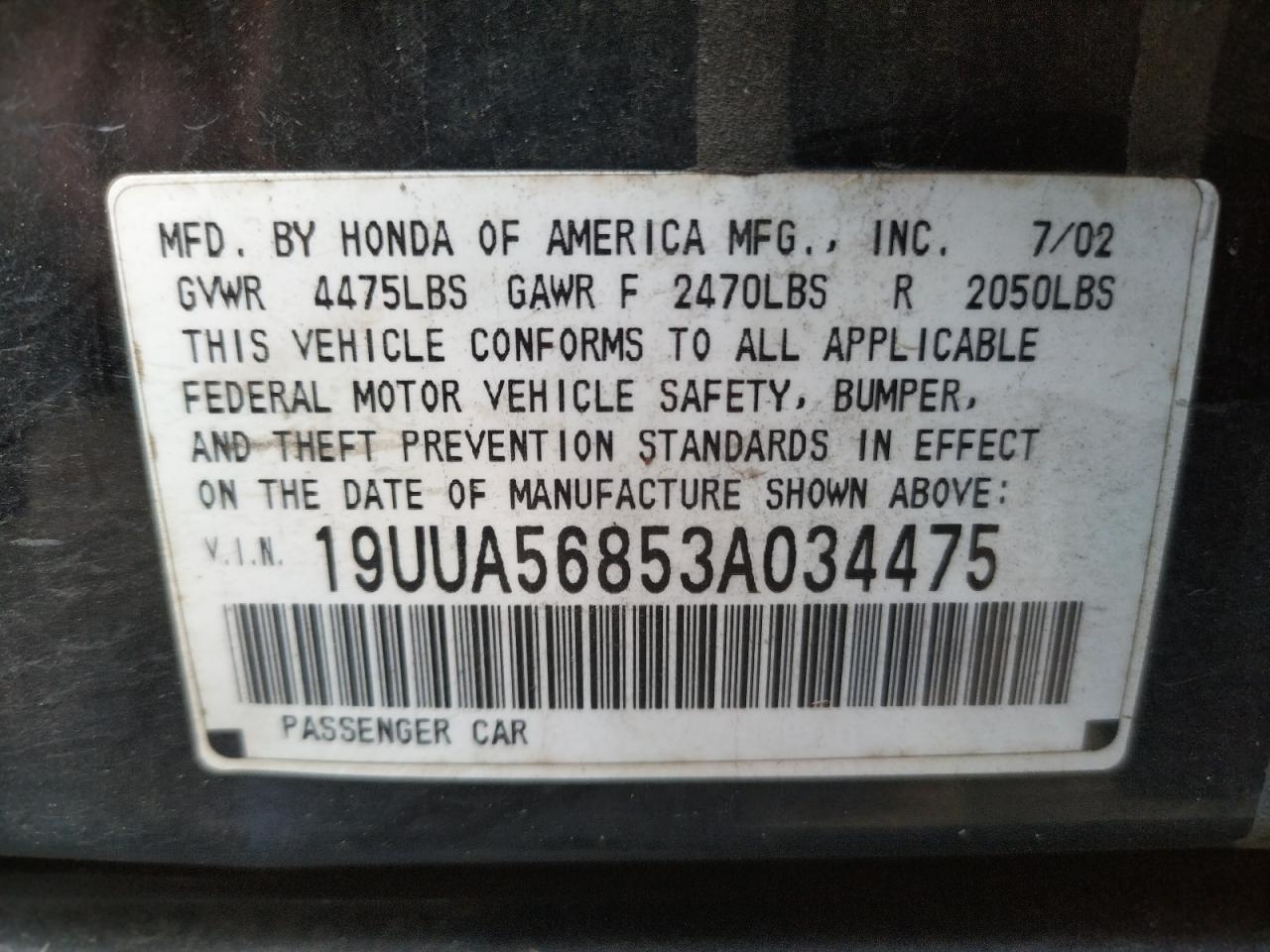 Photo 10 from auction – 2003 ACURA 3.2TL TYPE with VIN 19UUA56853A034475