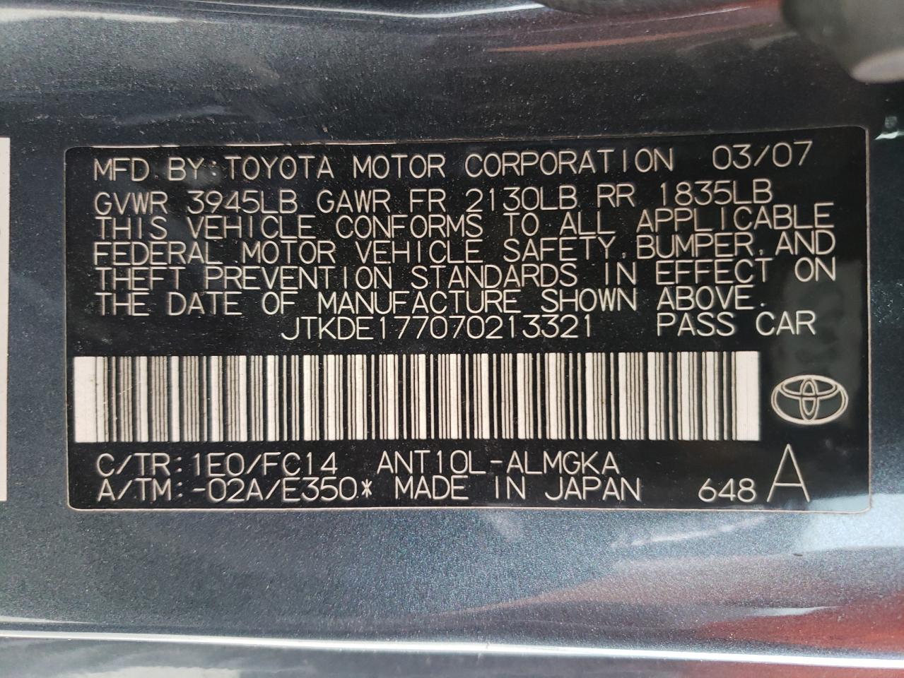Photo 10 from auction – 2007 TOYOTA SCION TC with VIN JTKDE177070213321