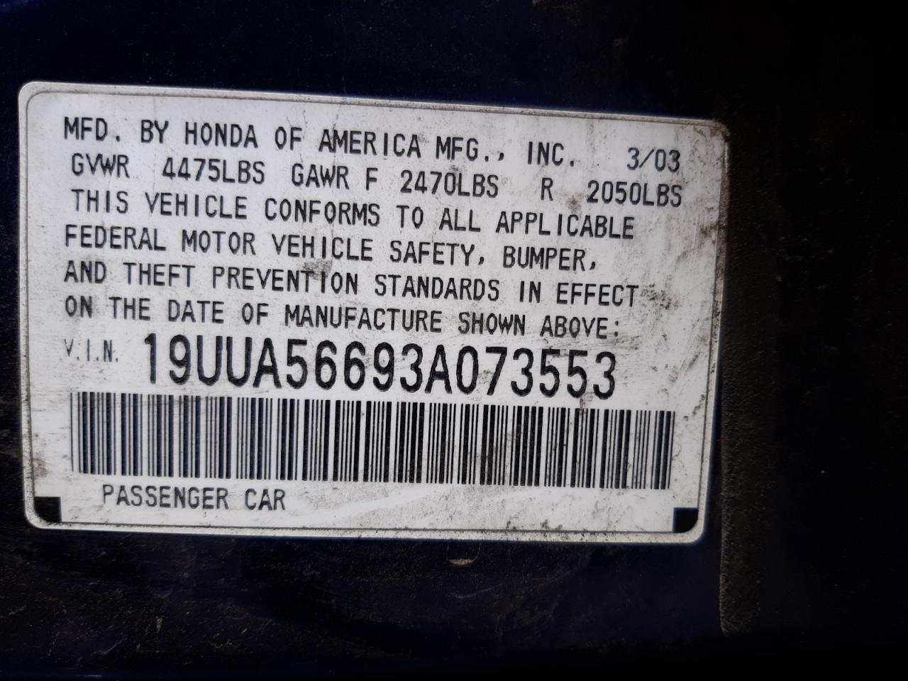Photo 10 from auction – 2003 ACURA 3.2TL with VIN 19UUA56693A073553