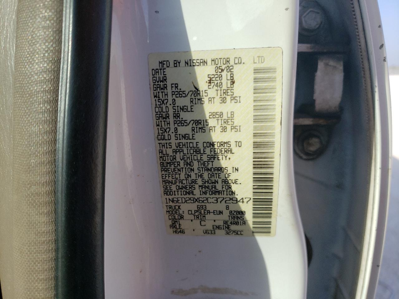 Photo 10 from auction – 2002 NISSAN FRONTIER C with VIN 1N6ED29X62C372947