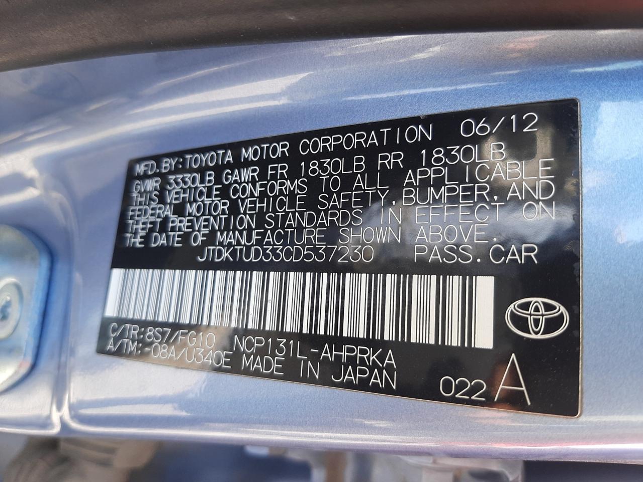 Photo 10 from auction – 2012 TOYOTA YARIS with VIN JTDKTUD33CD537230