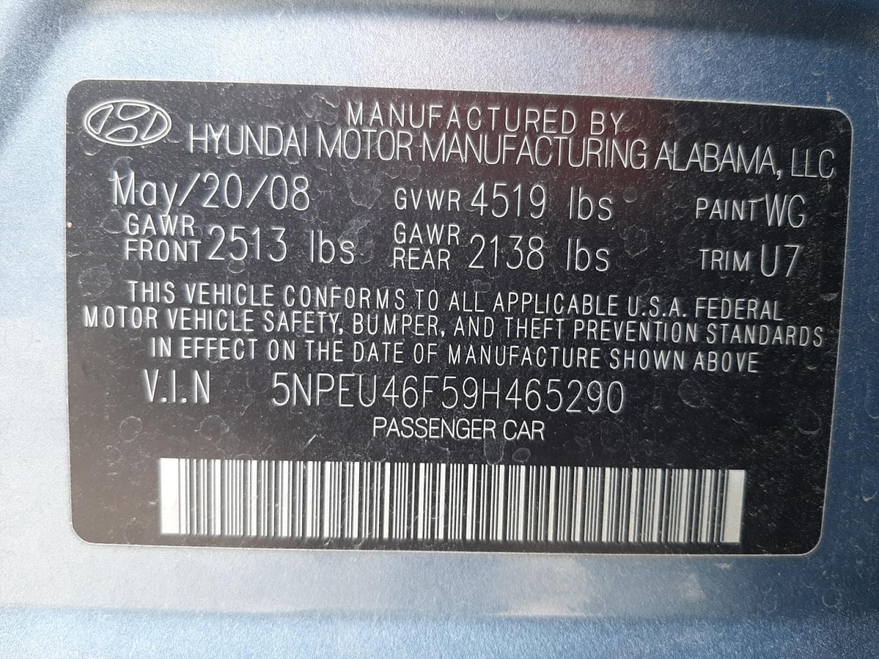 Photo 10 from auction – 2009 HYUNDAI SONATA SE with VIN 5NPEU46F59H465290