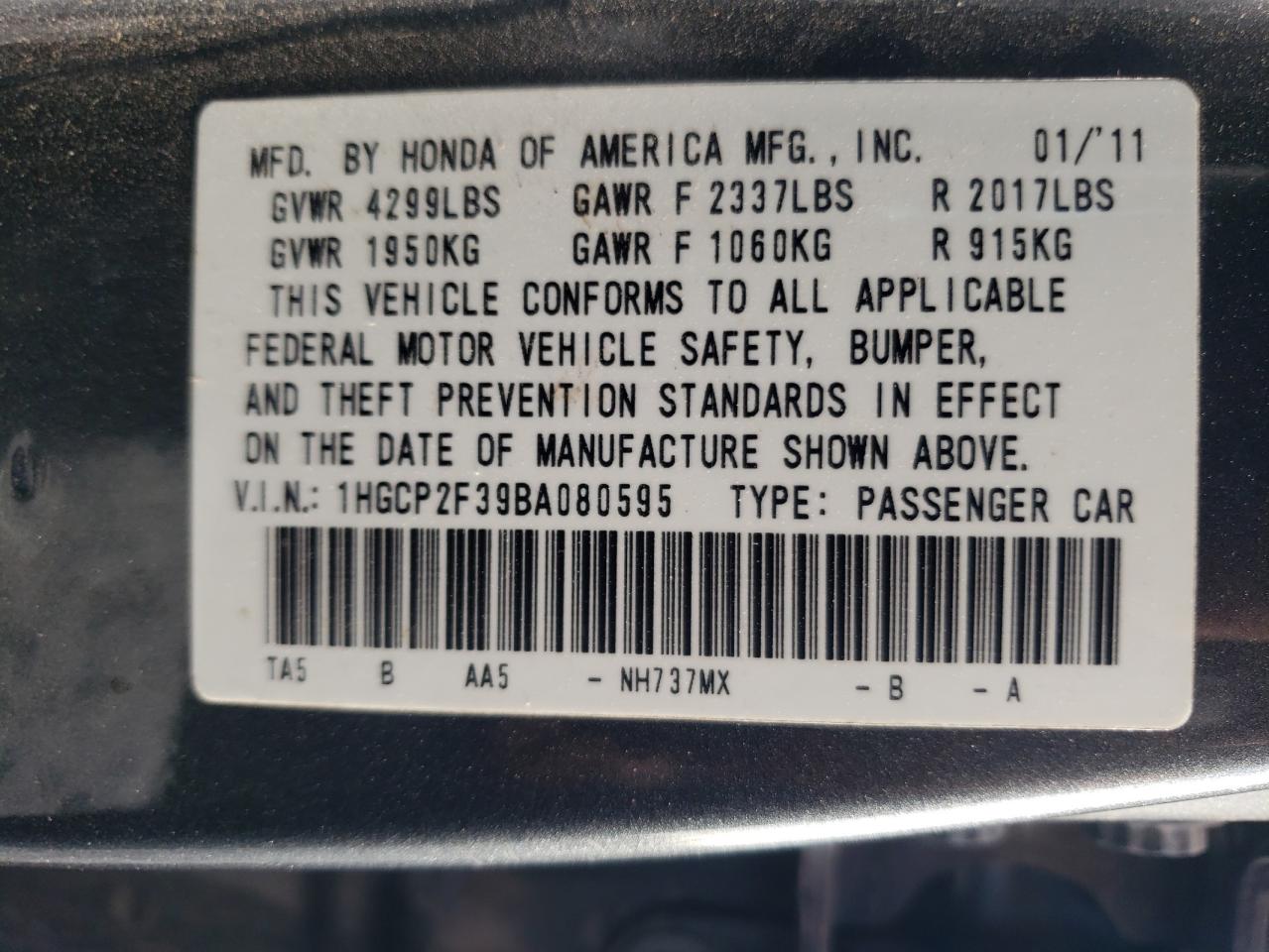 Photo 10 from auction – 2011 HONDA ACCORD LX with VIN 1HGCP2F39BA080595