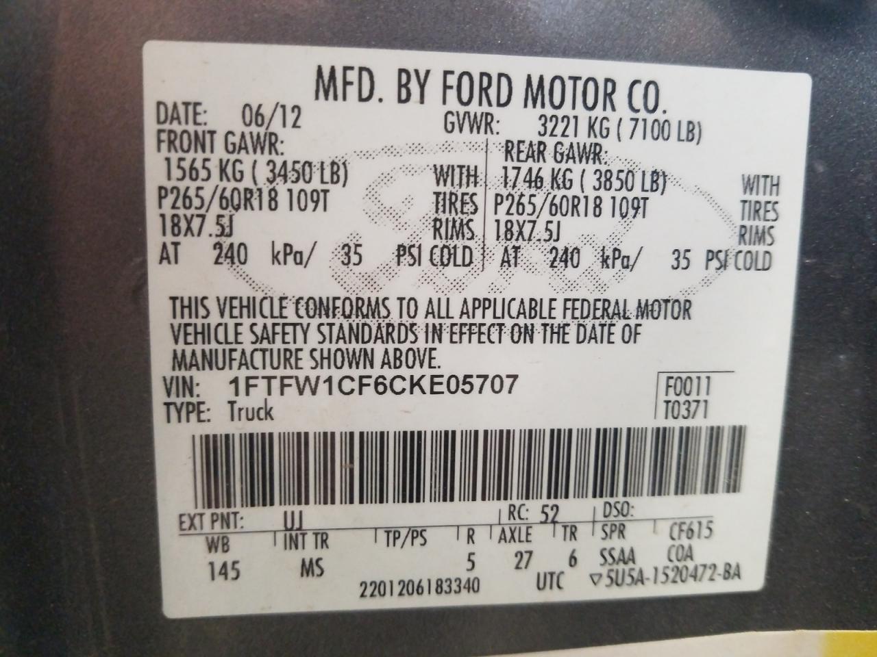 Photo 10 from auction – 2012 FORD F150 SUPER with VIN 1FTFW1CF6CKE05707