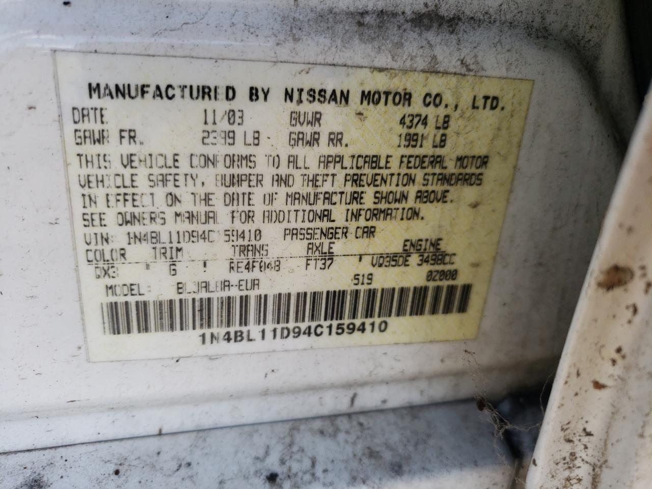Photo 10 from auction – 2004 NISSAN ALTIMA SE with VIN 1N4BL11D94C159410