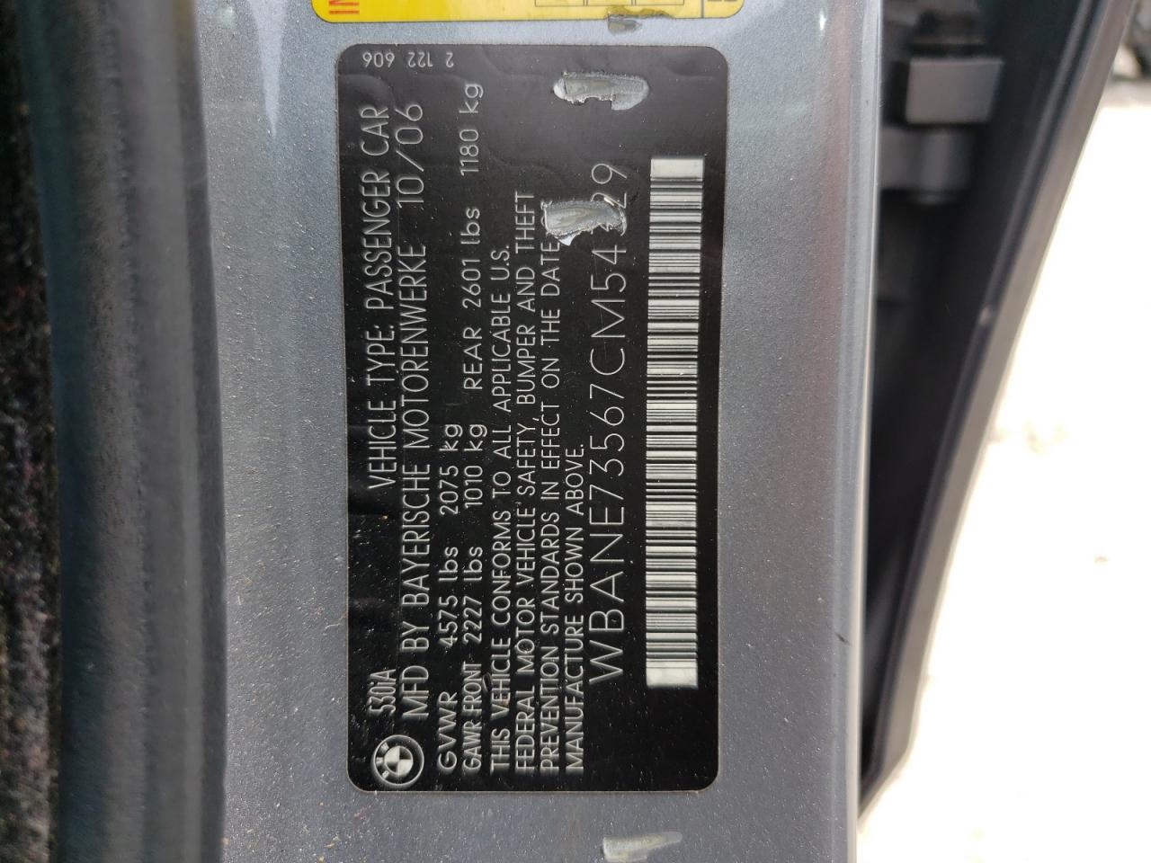 Photo 10 from auction – 2007 BMW 530 I with VIN WBANE73567CM54329