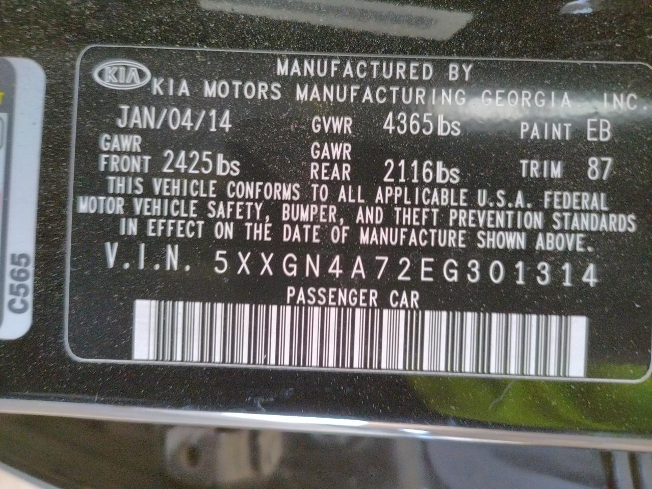 Photo 10 from auction – 2014 KIA OPTIMA EX with VIN 5XXGN4A72EG301314