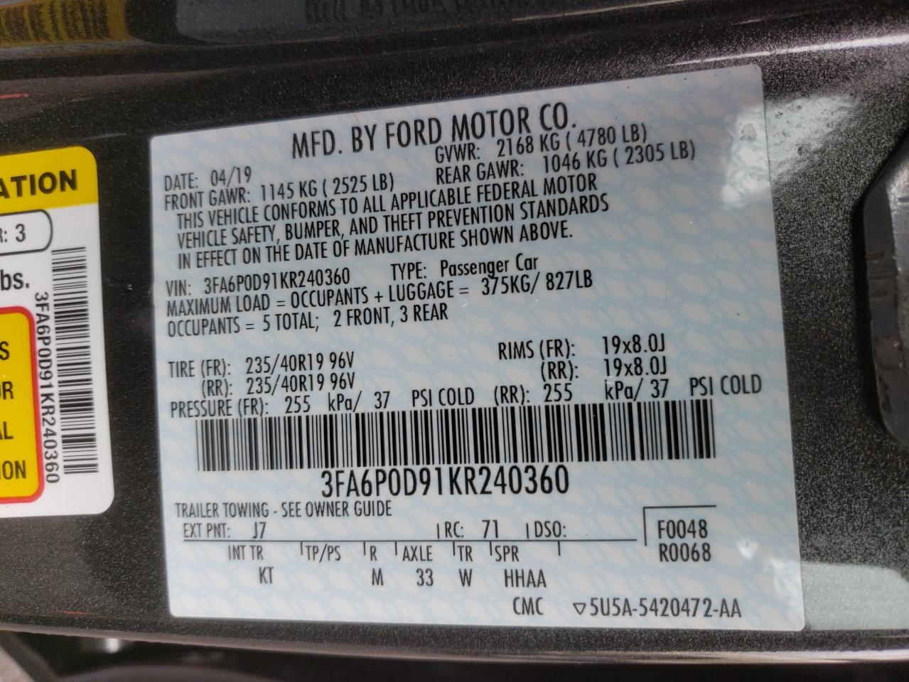 Photo 10 from auction – 2019 FORD FUSION TIT with VIN 3FA6P0D91KR240360