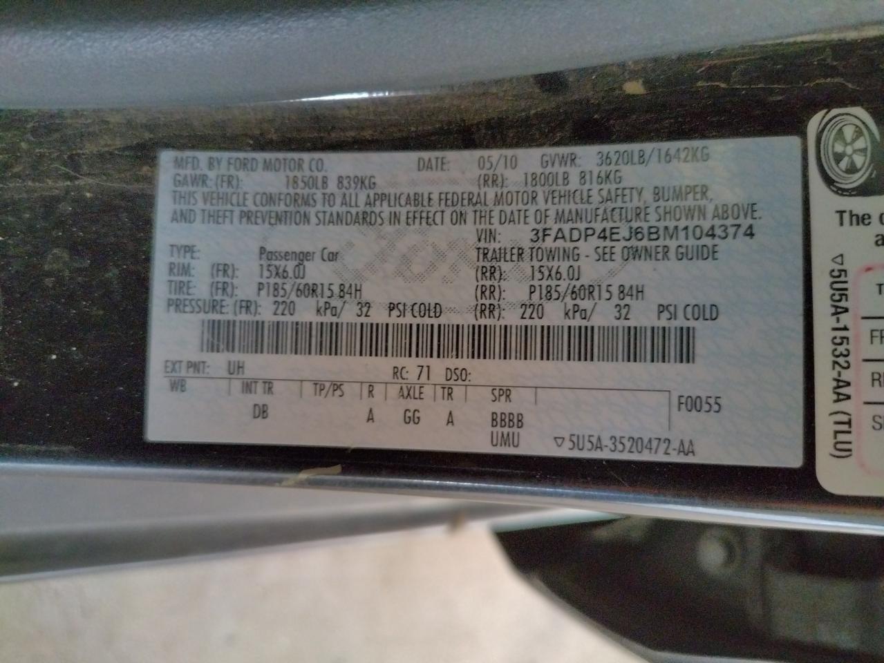 Photo 10 from auction – 2011 FORD FIESTA SE with VIN 3FADP4EJ6BM104374