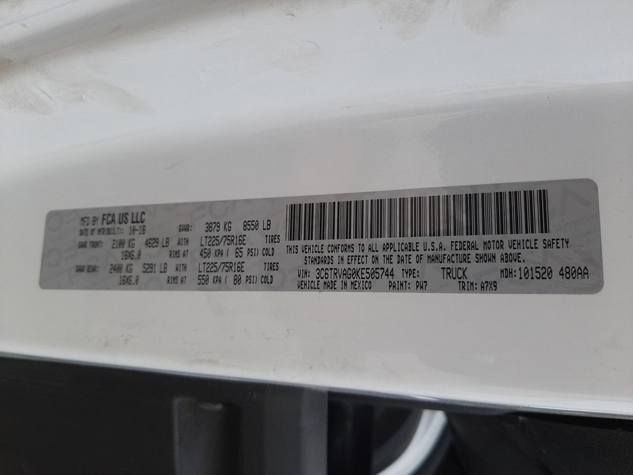 Photo 10 from auction – 2019 RAM PROMASTER with VIN 3C6TRVAG0KE505744