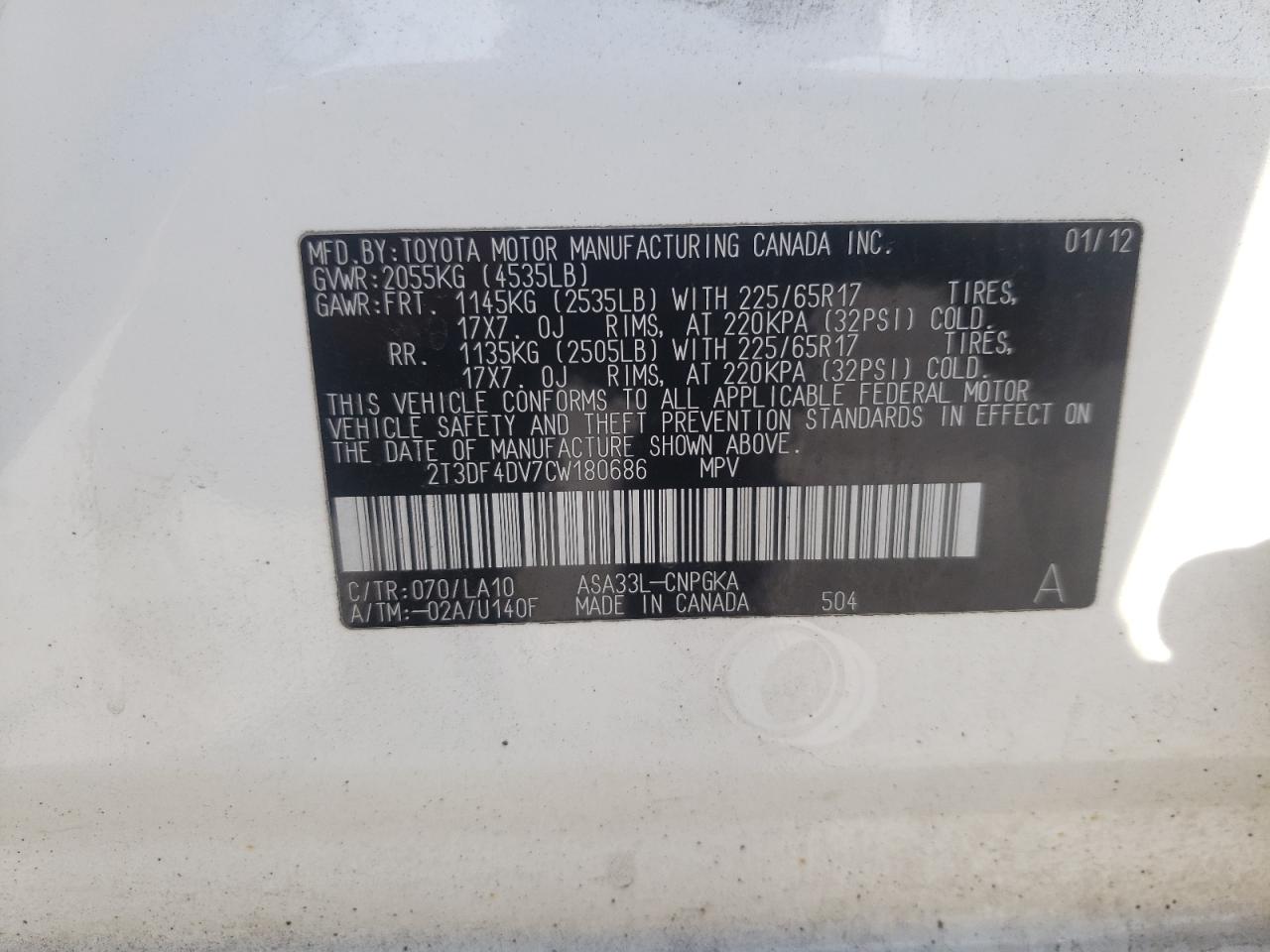 Photo 10 from auction – 2012 TOYOTA RAV4 LIMIT with VIN 2T3DF4DV7CW180686