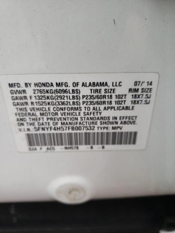 Photo 10 from auction – 2015 HONDA PILOT EXL with VIN 5FNYF4H57FB007532