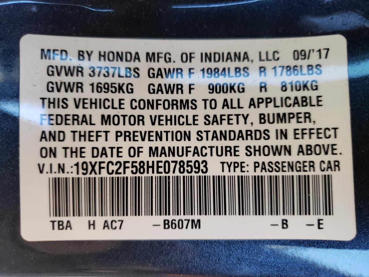 Photo 10 from auction – 2017 HONDA CIVIC LX with VIN 19XFC2F58HE078593