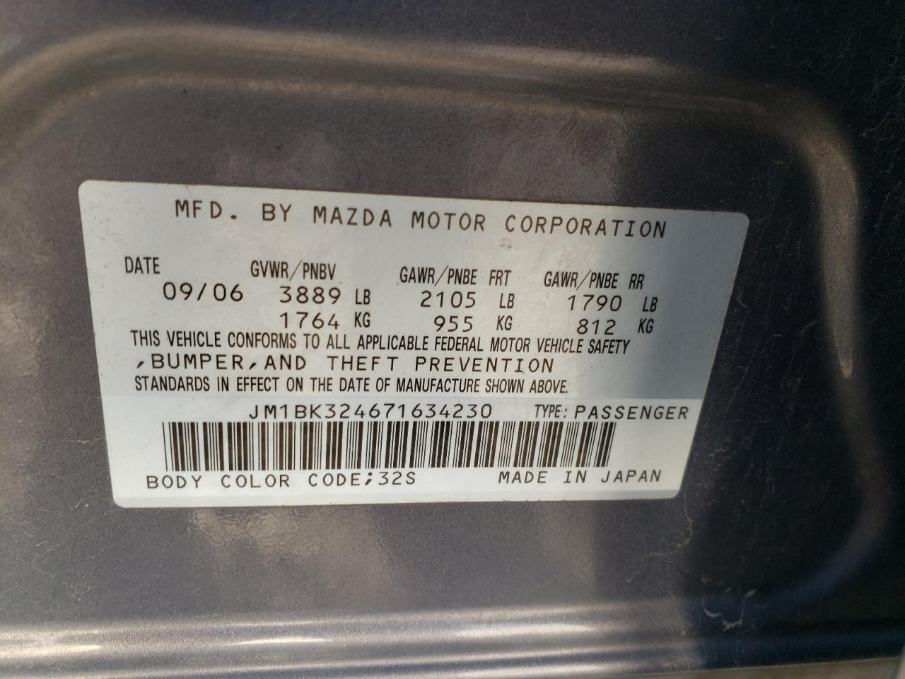 Photo 10 from auction – 2007 MAZDA 3 S with VIN JM1BK324671634230