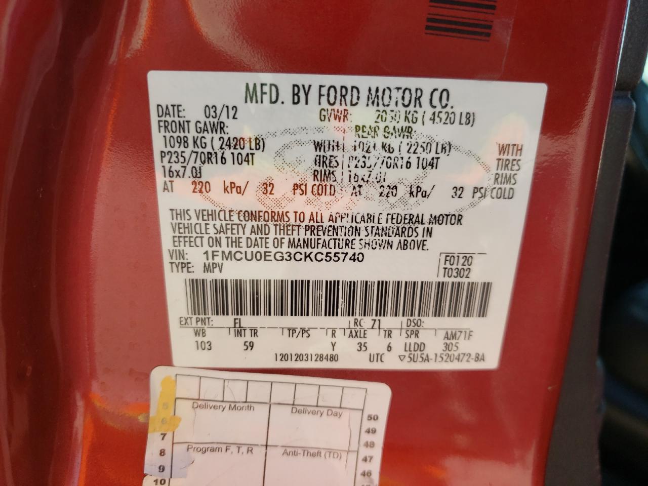 Photo 10 from auction – 2012 FORD ESCAPE LIM with VIN 1FMCU0EG3CKC55740