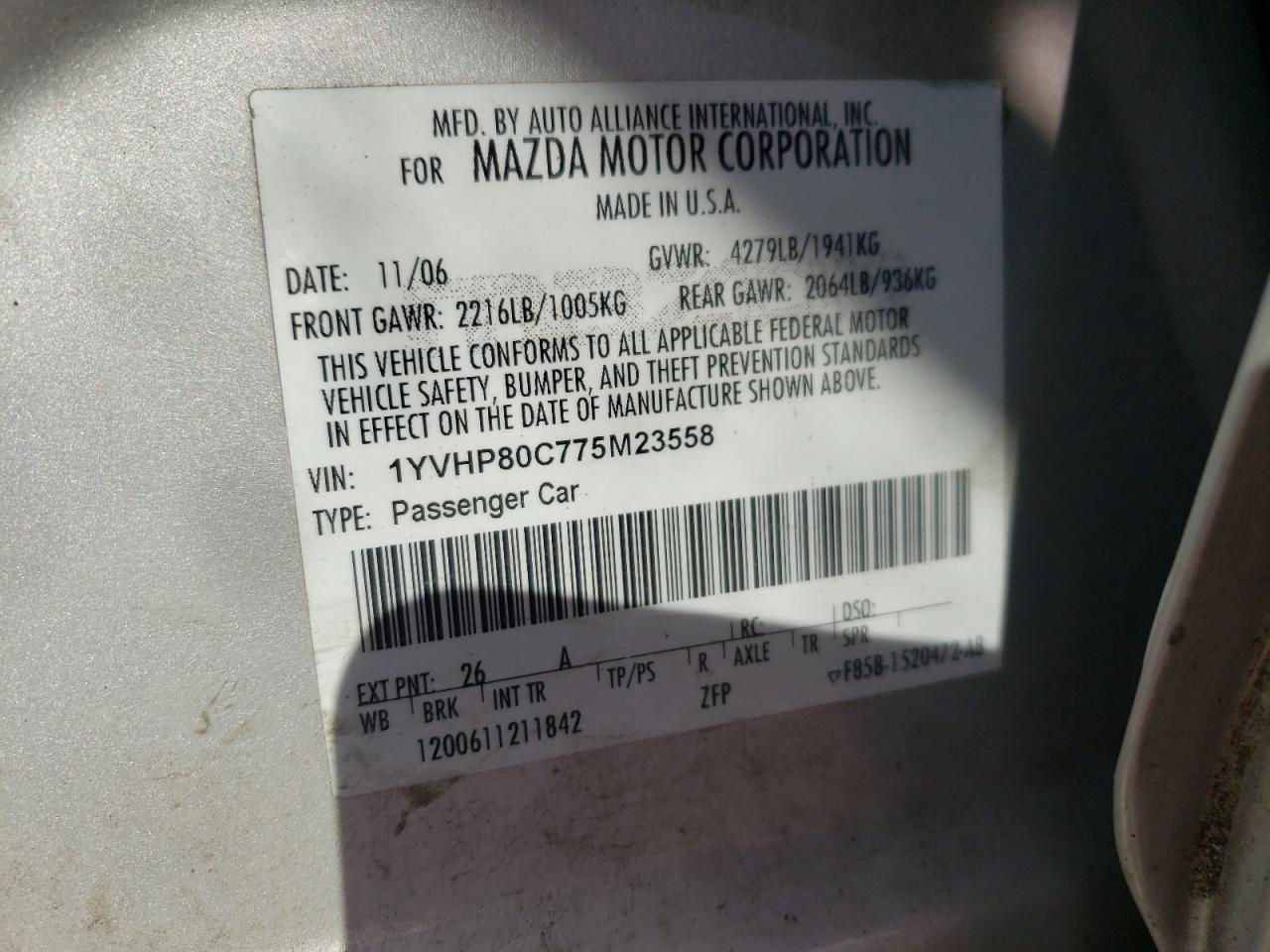 Photo 10 from auction – 2007 MAZDA 6 I with VIN 1YVHP80C775M23558