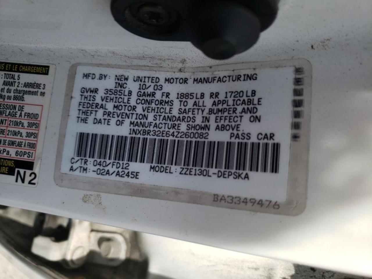 Photo 10 from auction – 2004 TOYOTA COROLLA CE with VIN 1NXBR32E64Z260082