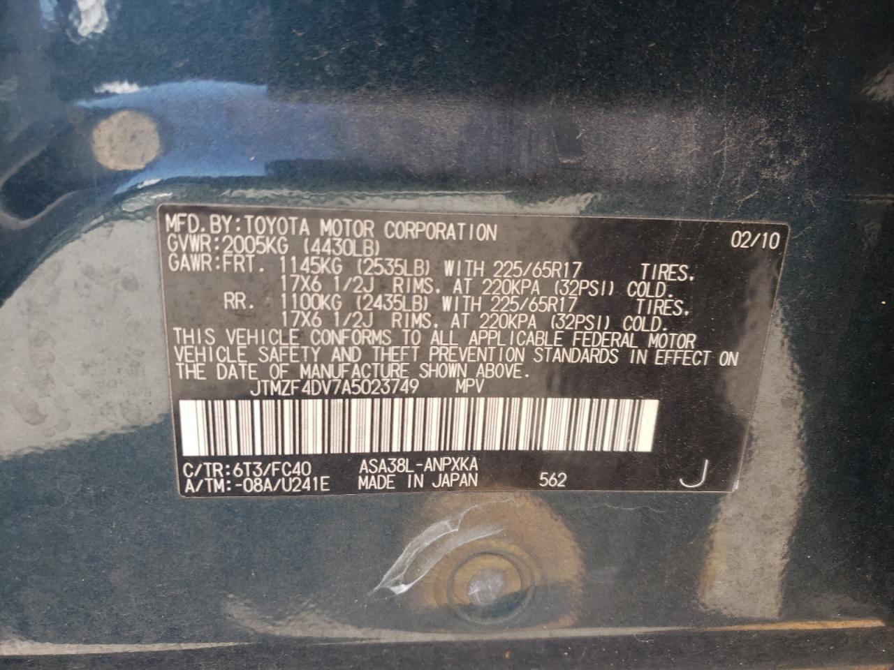 Photo 10 from auction – 2010 TOYOTA RAV4 with VIN JTMZF4DV7A5023749