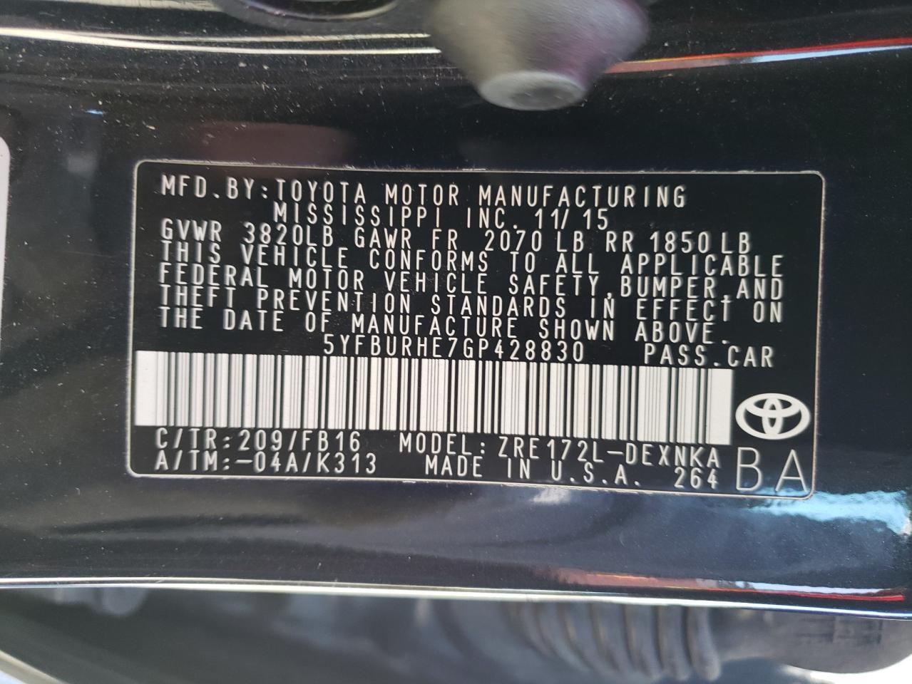 Photo 10 from auction – 2016 TOYOTA COROLLA L with VIN 5YFBURHE7GP428830
