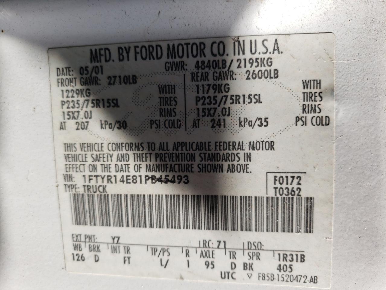 Photo 10 from auction – 2001 FORD RANGER SUP with VIN 1FTYR14E81PB45493