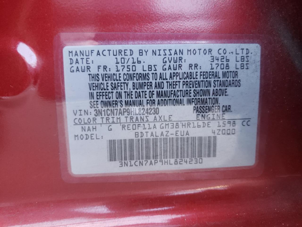 Photo 10 from auction – 2017 NISSAN VERSA S with VIN 3N1CN7AP9HL824230
